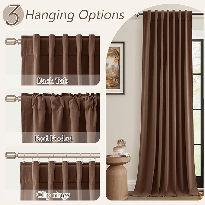 Rustic Brown 100% Blackout Linen Curtains 108 Inch Length 2 Panels Set for Living Room Bedroom Back Tab Thermal Insulated Black Out Drapes Room Darkening Farmhouse Style for Bedroom Window Curtains