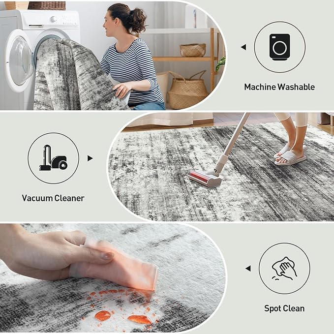 6x9 Area Rugs Washable Rug: Large Modern Abstract Living Room Rug Soft Anti-Skid Thin Carpet Indoor Floor Non-Shedding Carpets for Bedroom Dining Room Farmhouse Nursery Home Office Black Grey