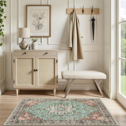 2x3 Area Rugs Living Room Rug: Washable Vintage Distressed Floral Rug No Slip Stain Resistant Soft Carpet Indoor Large Carpets for Bedroom Dining Room Farmhouse Nursery Hallway Home Office Brown Green
