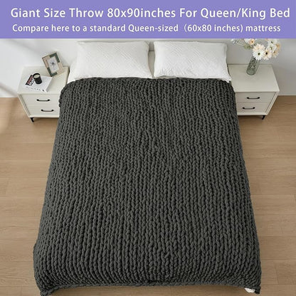 Bigacogo Chunky Knit Throw Blanket for Couch, 80x90 inches, 100% Hand Knitted with Thick Jumbo Chenille Yarn, Cozy Soft Large Rope Knot Cable Crochet Blankets for Sofa Bed Living Room, Dark Grey