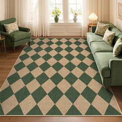 Lahome Colette Checkered Outdoor Rug 5x7, Washable Rug for Living Room Office Indoor Outdoor Carpet, Farmhouse Non Slip Non Shedding Green Carpet for Dining Room Sunroom Patio Courtyard