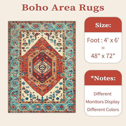 SERISSA 4x6 Boho Bedroom Rug, Washable Non Slip Vintage Orange Area Rugs, Ultra Soft Print Distressed Tribal Entry Rug Low-Pile Throw Carpet for Nursery Dorm Kitchen Living Room Decor
