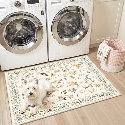 2x3 Dog Rugs for Entryway, Machine Washable Door Mat Animal Floral Small Area Rug Non-Slip Low Pile Soft Throw Rugs for Entrance Kitchen Indoor Front Door Kids Room (2 x 3,Beige)