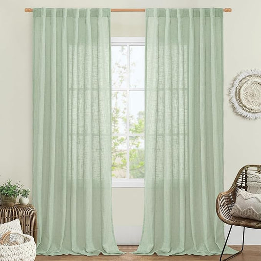 LAMIT Sheer Linen Curtains for Living Room, Back Tab and Rod Pocket Curtains Light Filtering Country Rustic Farmhouse Drapes for Bedroom/Farmhouse, 2 Panels, 52 x 102 Inch, Fresh Green