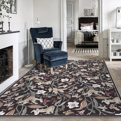 Area Rug 8x10 Vintage Rug Traditional Mat,Non Slip Indoor Boho Area Rug Carpet Home Décor for Entryway, Bedroom, Dining Room (Dark Floral)