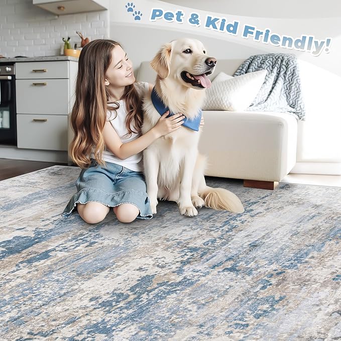 pmtsns Area Rugs 10x14 Living Room: Washable Rug Modern Abstract Neutral Soft Non-Slip Low-Pile Indoor Large Carpet for Bedroom Dining Room Playroom Home Office (Light Blue Brown, 10'x14')