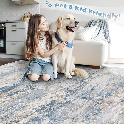 pmtsns Area Rugs 10x14 Living Room: Washable Rug Modern Abstract Neutral Soft Non-Slip Low-Pile Indoor Large Carpet for Bedroom Dining Room Playroom Home Office (Light Blue Brown, 10'x14')