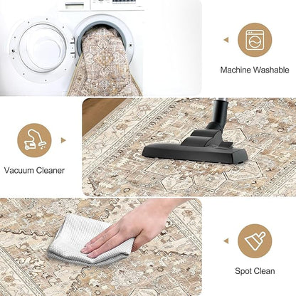 Yamaziot Washable Runner Rug, 3x8 Non-Slip Boho Vintage Hallway Rug with Rubber Backing, Low Pile Faux Wool Distressed Carpet Runner for Bedroom, Kitchen, Laundry, Entrance