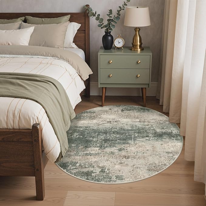 BEIMO Round Rugs 6FT for Living Room Bedroom, Modern Abstract Machine Washable Circle Rug, Soft Low Pile Floor Cover with Non Slip Backing for Dining Room, Grey/Dark Green