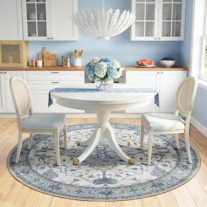 Area Rugs 6ft Washable Non-Slip, Floral Vintage Distress Print Pattern Medallion Carpet for Living Room Bedroom Dining Room, Light Blue Navy Beige Gray White