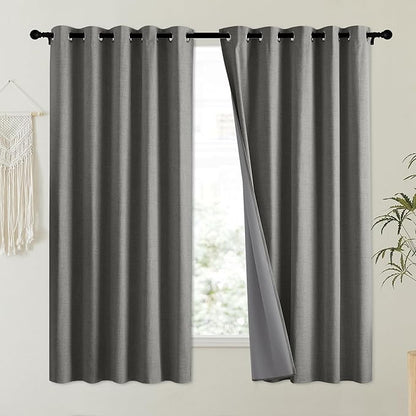 NICETOWN Grizzle Gray Vintage Linen 100% Blackout Curtains for Kitchen, Thermal Insulated Curtains 63" Long, Noise Reducing Window Treatment Drapes for Dorm Room, 62" Wide Per Panel, Set of 2
