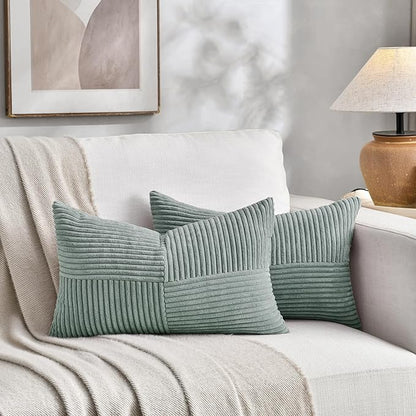 Fancy Homi 2 Packs Grey Blue Lumbar Decorative Throw Pillow Covers 16x26 Inch for Living Room Couch Bed Sofa, Farmhouse Boho Home Decor, Soft Striped Corduroy Rectangle Accent Cushion Case 65x40 cm