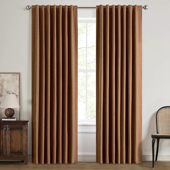 MIULEE 100% Blackout Linen Curtains for Bedroom, Brown Solid Luxury Decor Thermal Insulation Room Darkening Drapes for Living Room Nursery Back Tab Rod Pocket 42 x 90 Inches, 2 Panels
