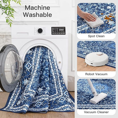 Lofus 5x7 Area Rugs for Living Room, Machine Washable Non-Slip Area Rug, Low Pile Large Rugs for Bedroom, Kitchen, Dining Room, Home Office, Vintage Oriental Print Rug, Dark Blue with White