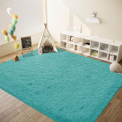 8x10 Area Rugs for Living Room: Fluffy Shag Soft Washable Rug Large Fuzzy Plush Indoor Carpet for Bedroom Nursery Playroom Kids Girls Boys Room (Teal Blue, 8'x10')