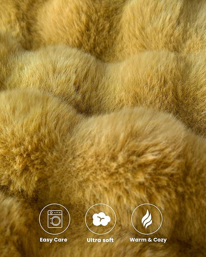 Ultra Soft Cozy Faux Fur Throw Blanket, Fuzzy Plush Thick Bubble Blanket, Oversize Luxury Fluffy Blanket for Couch, Bed, and Living Room, 60x80 Inches, Dark Yellow
