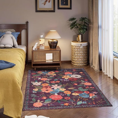 Area Rug 4x6 Rug Washable Boho Rugs Non Slip Low Pile Floral Small Carpet for Bedroom, Bedside, Kids Room, Office, Dining Room(4 x 6, Purple Lawn)