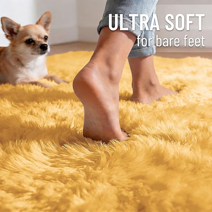 OLANLY Mustard Yellow Round Rugs for Bedroom - Machine Washable, 9 ft Circle Area Rugs for Living Room, Soft and Fluffy Shaggy Carpet for Teen Girl and Boys, Nursery Rooms, Dorms, Home Decor Aesthetic
