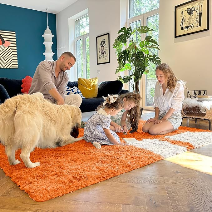 OLANLY Area Rugs for Living Room Bedroom, Machine Washable 4x5.9 ft Soft Fluffy Shaggy Bedside Rug, Indoor Floor Carpet for Kids Girls and Boys, Dorms, Nursery Rooms, Home Decor Aesthetic, Orange