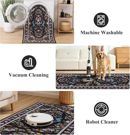 HEBE Washable Hallway Runner Rug 2'x 6' Non Slip Kitchen Rugs Runner,Low Pile Entryway Rug Laundry Room Mat Floral Carpet Runners for Hallways, Kitchen,Bathroom,Laundry,Bedside Rug