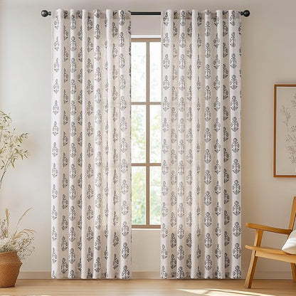 jinchan Linen Floral Curtains for Living Room 84 Inch Length Black Flower Cottage Core Farmhouse Curtains Rod Pocket Back Tab Boho Semi Sheer Window Drapes Bedroom Set 2 Panels Black on Beige