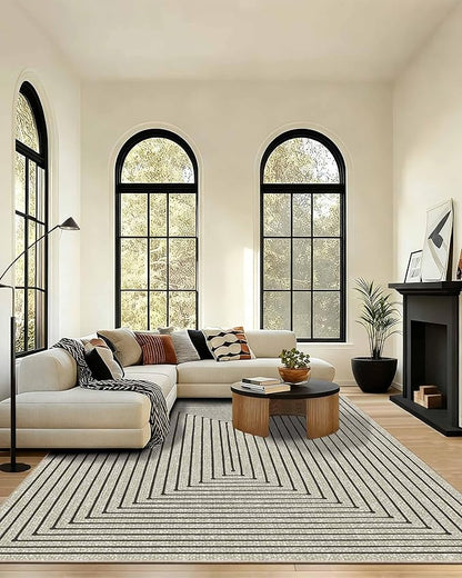 Latte&Fog 8x10 Area Rugs for Living Room, Large Beige Modern Abstract Washable Rug, Boho Non Slip Low Pile Carpet for Indoor Bedroom Dining Room, Office, Dorm, Classroom, Farmhouse and Kids Room