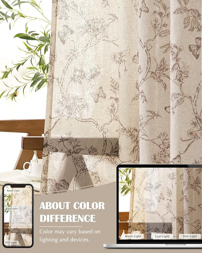 jinchan Floral Linen Curtains for Living Room 84 Inch Length Butterfly Curtain Taupe Floral Curtains French Country Farmhouse Curtain Flower Patterned Drapes Window Treatment Set 2 Panels