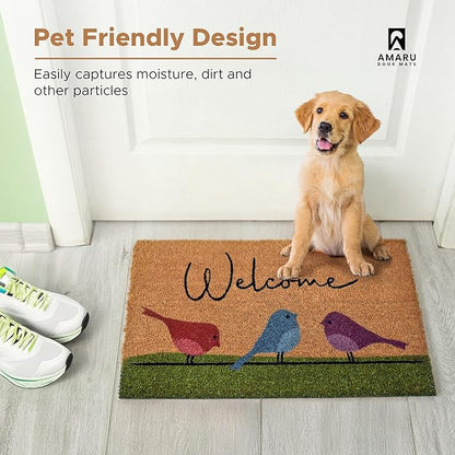 Colorful Birds - 24"x36" - Coir Door Mat with Heavy Duty Backing - Welcome Mats for Entryway, Porch - Anti-Slip PVC & Coconut Fiber Surface - Natural Home Accessories, Minimalist Original Design
