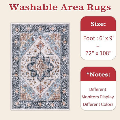 SERISSA Washable Rugs 6x9 Area Rugs, Large Non-Slip Boho Living Room Blue Orange Rug, Ultra Soft Vintage Oriental Tribal Farmhouse Carpet for Dining Room Bedroom Dorm Office Home Decor