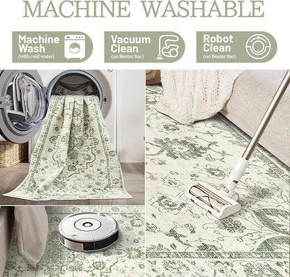 Madane 5x7 Area Rugs for Living Room, Vintage Stain Resistant Area Rug, Floral Print Rug Non-Slip Thin Washable Rugs for Bedroom Dining Room, Green/Ivory