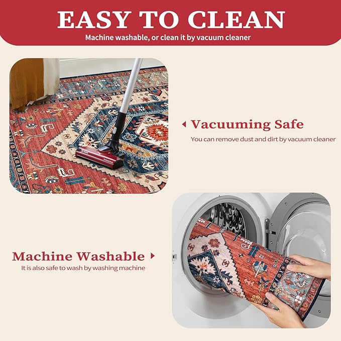 SERISSA 10x14 Area Rugs for Living Room, Large Washable Non-Slip Boho Rug, Ultra Soft Vintage Rust Oriental Tribal Print Distressed Carpet for Dining Room Bedroom Office Home Decor