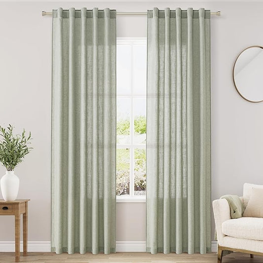 Sage Green Linen Blend Drapes 84 Inch Length 2 Panels Set Back Tab Rod Pocket Semi Sheer Textured Light Green Vertical Curtains Boho Farmhouse Decor Spring Curtains for Living Room Bedroom 40x84
