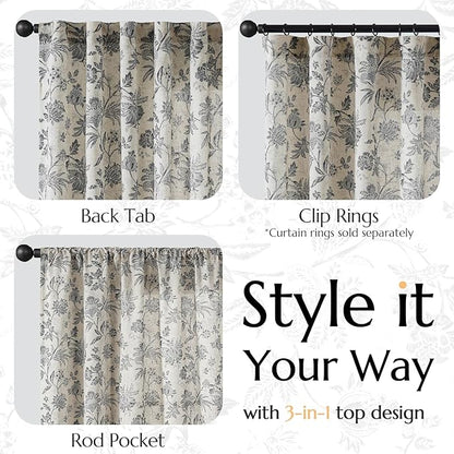 jinchan Linen Floral Curtains for Living Room with Printed Flower 63 Inches Long Light Filtering French Country Back Tab Rod Pocket Black Window Curtain Set Farmhouse Drapes 2 Panels Black