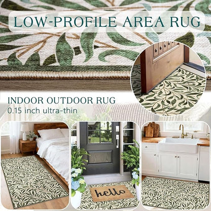 Boho Outdoor Rug - 28" x 43" Front Door Mat Indoor Outside Entrance Non-Slip Washable Outdoor Mat Spring Sage Green Leaf Rug for Entryway Kitchen Bedroom Layered Doormat for Front Porch