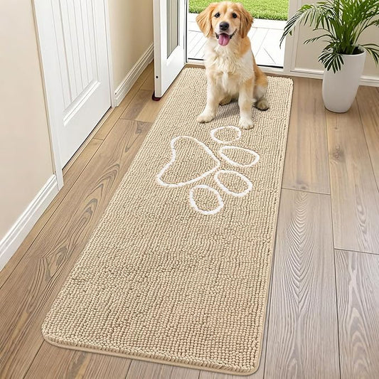 Smiry Dog Door Mat for Muddy Paws, Absorbent Dirt Trapper Non Slip Quick Dry Washable Chenille Mat for Mud Dogs, Entry Rug for Indoor and Outdoor (70x24 Inches, Beige and White)
