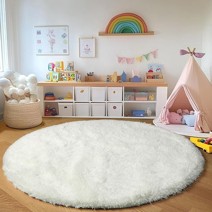 ONASAR Cream White Round Rugs 5ft for Bedroom Living Room, Ivory Fluffy Circle Area Rug for Kids Girls Boys Teen, Soft Plush Shaggy Carpet for Nursery Dorm Classroom Playroom Home Decor Aesthetic