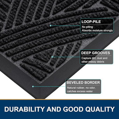 Smiry Front Door Mat Outside Entrance, Heavy Duty Sturdy Natural Rubber Doormat, Trap Dirt and Moisture, Easy Clean Low Profile Mats for Indoor Outdoor Entry, Interwoven Stripes 29.5x17, Black