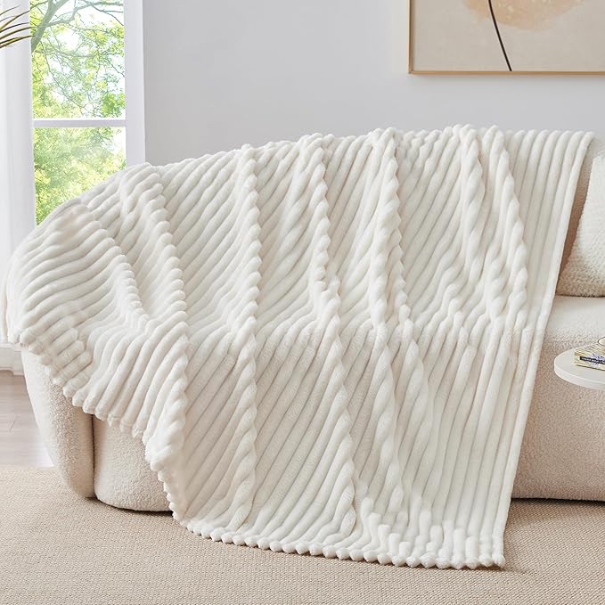 BEDELITE Twin Blanket for Couch & Bed, 300GSM Soft & Warm Fleece Blanket, Decorative and Giftable Striped Cream White Blankets for Women, Men, 60"x80"