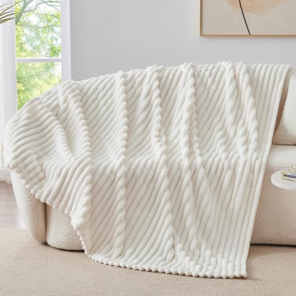 BEDELITE Twin Blanket for Couch & Bed, 300GSM Soft & Warm Fleece Blanket, Decorative and Giftable Striped Cream White Blankets for Women, Men, 60"x80"