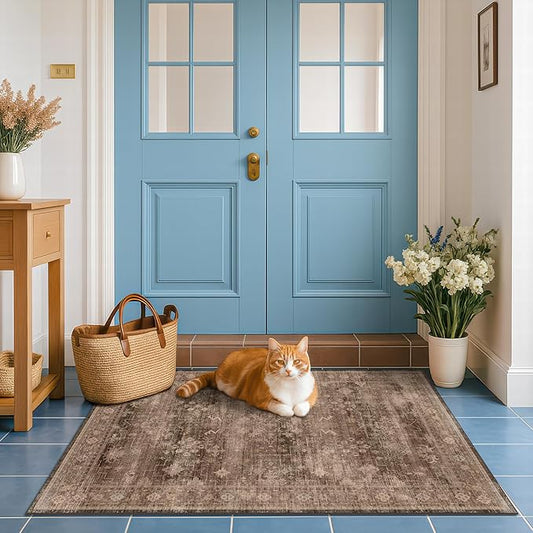 Boho Taupe Brown 3x5 Large Entryway Rug - Modern Vintage Traditional Eclectic Oriental Neutral, Washable Low Pile Non-Slip Area Rugs for Door Mat Indoor Entrance, Kitchen, Laundry