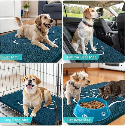 OLANLY Dog Door Mat for Muddy Paws 32x20, Paw Print Design, Absorbs Moisture and Dirt, Absorbent Non-Slip Washable Doormat, Quick Dry Chenille Mud Mat, Entry Indoor Entryway Carpet, Atlantic Blue