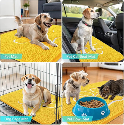 OLANLY Dog Door Mat for Muddy Paws 30x20, Paw Print Design, Absorbs Moisture and Dirt, Absorbent Non-Slip Washable Doormat, Quick Dry Chenille Mud Mat for Dogs, Entry Indoor Entryway Carpet, Yellow