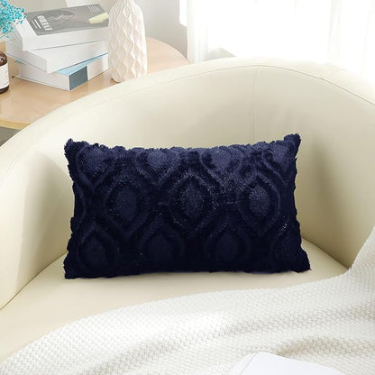 decorUhome Summer Throw Pillow Covers 12x20 Inch Set of 2, Soft Plush Faux Wool Navy Blue Solid Couch Pillow Covers, Accent Farmhouse Neutral Rectangle Pillow Cases for Sofa Bed Living Room