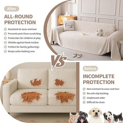Boho Chenille Couch Cover for Dogs, Non Slip Sofa Cover, Couch Slipcover Covers for 3 Cushion, Furniture Protector with Tassels for Pets Washable, 71"x102", Fishbone Beige