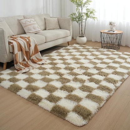 Checkered Area Rugs for Living Room 8x10, Fluffy Beige and White Checkered Rug Fuzzy Shag Shaggy Carpets for Bedroom, Soft Plush Furry Rug for Boy Girls Room Dorm Home Decor