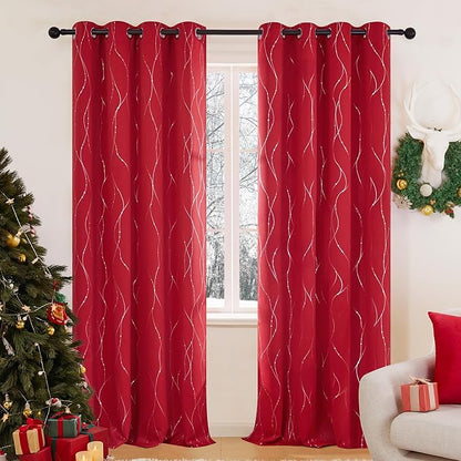 Deconovo Blackout Curtains, Christmas Red Curtain, Thermal Insulated Noise‑Reduced Drapes, Wave Line Dot Foil Print, 52 x 108 Inch Long, 2 Panels, Machine‑Washable Window Curtain for Party Living Room
