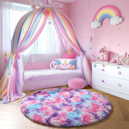 Amdrebio Hot Pink Rainbow Round Circle Area Rug 4Ft for Girls Bedroom, Fluffy Cute Fuzzy Colorful Pastel Kids Rugs for Nursery Playroom Classroom, Unicorn Shag Princess Carpet for Baby Toddler Teen