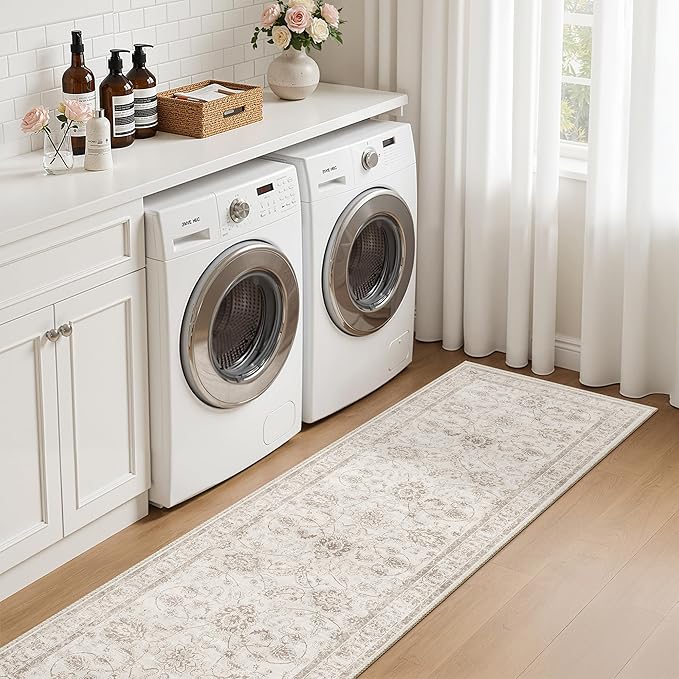 Madane Rug Runner for Hallways 2.5x8, Washable Kitchen Runner Rugs with Non Slip Backing, Soft Floral Print 2'6''x8 Carpet Runners for Laundry Room, Bedroom, Brown/Ivory