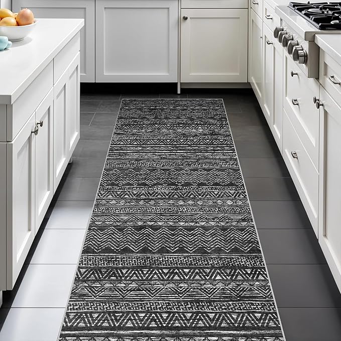 2x6 Washable Hallway Runner Rug - Moroccan Non-Slip Indoor Table Long Runners for Entryway Soft Low Pile Neutral Rugs for Kitchen Waterproof Geometric Carpet for Bedroom Bathroom Laundry 2x6 Black