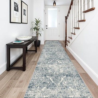 2'6"x14' Washable Hallway Runner Rug - Non Slip Kitchen Runner Rugs with Rubber Backing Vintage Low-Pile Carpet Runners for Entryway Dining Room Laundry Room Home Decor (Blue)